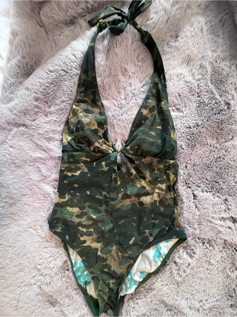 Robin Piccone Plunging Neckline Halter One-Piece Green Camouflage Size 6